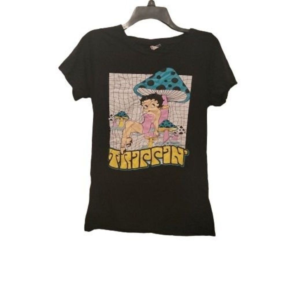 Popular Sports Womens Black Graphic Betty Boop Trippin Short Sleeve T-Shirt 2X